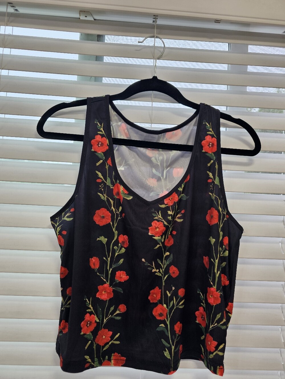 Floral Black Tank Top with Red Flowers